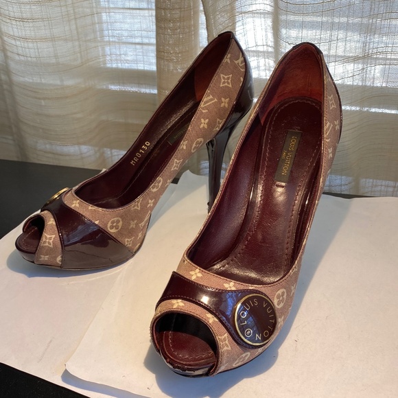 Louis Vuitton open pumps heels burgundy mules leather monogram 36.5 platforms - Picture 1 of 9